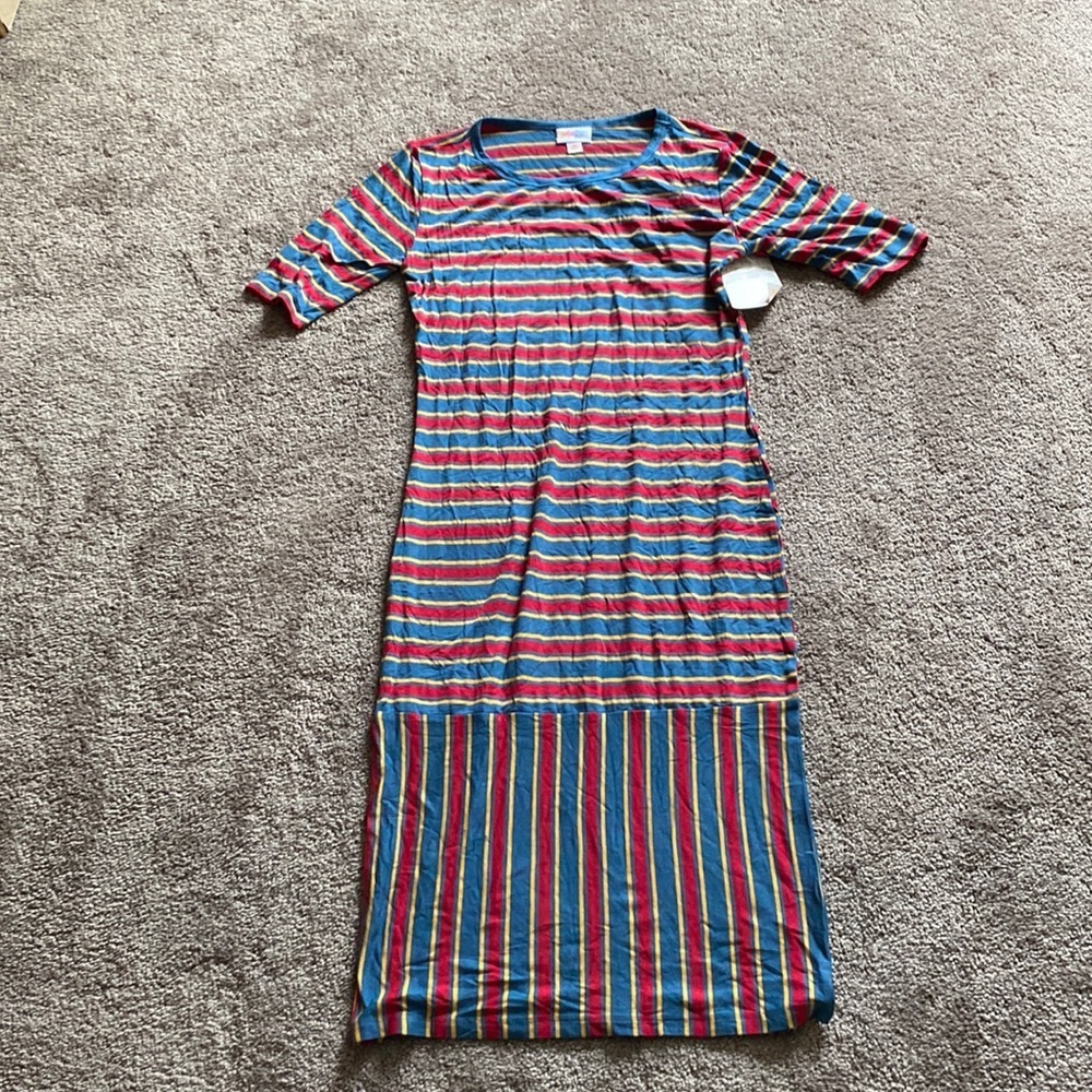 LuLaRoe Julia Striped Bodycon Dress SIZE XS Blue Red Midi Stretch